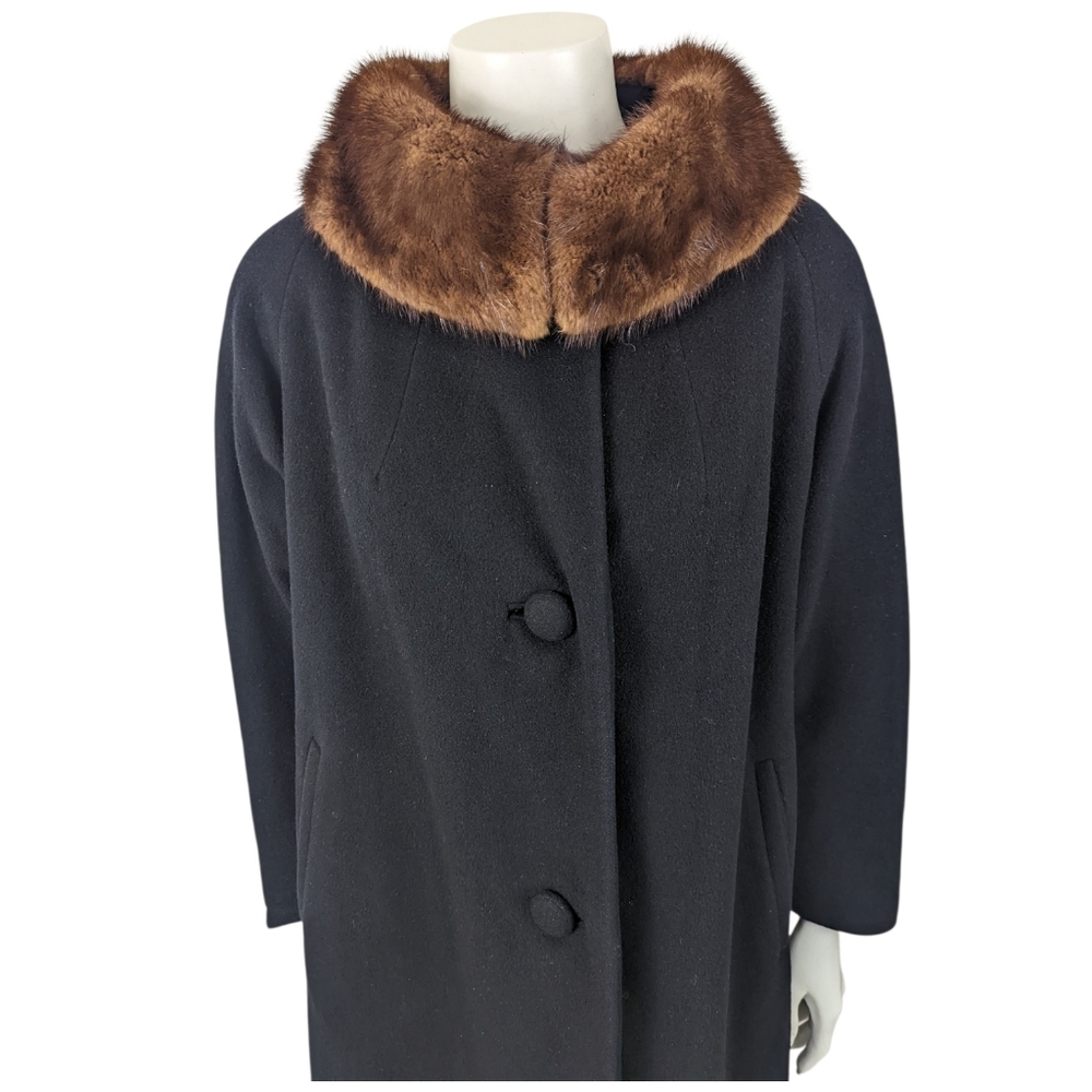 Vintage 60s Fur Collar Cashmere Coat Jacket Womens Medium Black Mink Brown - Picture 2 of 16